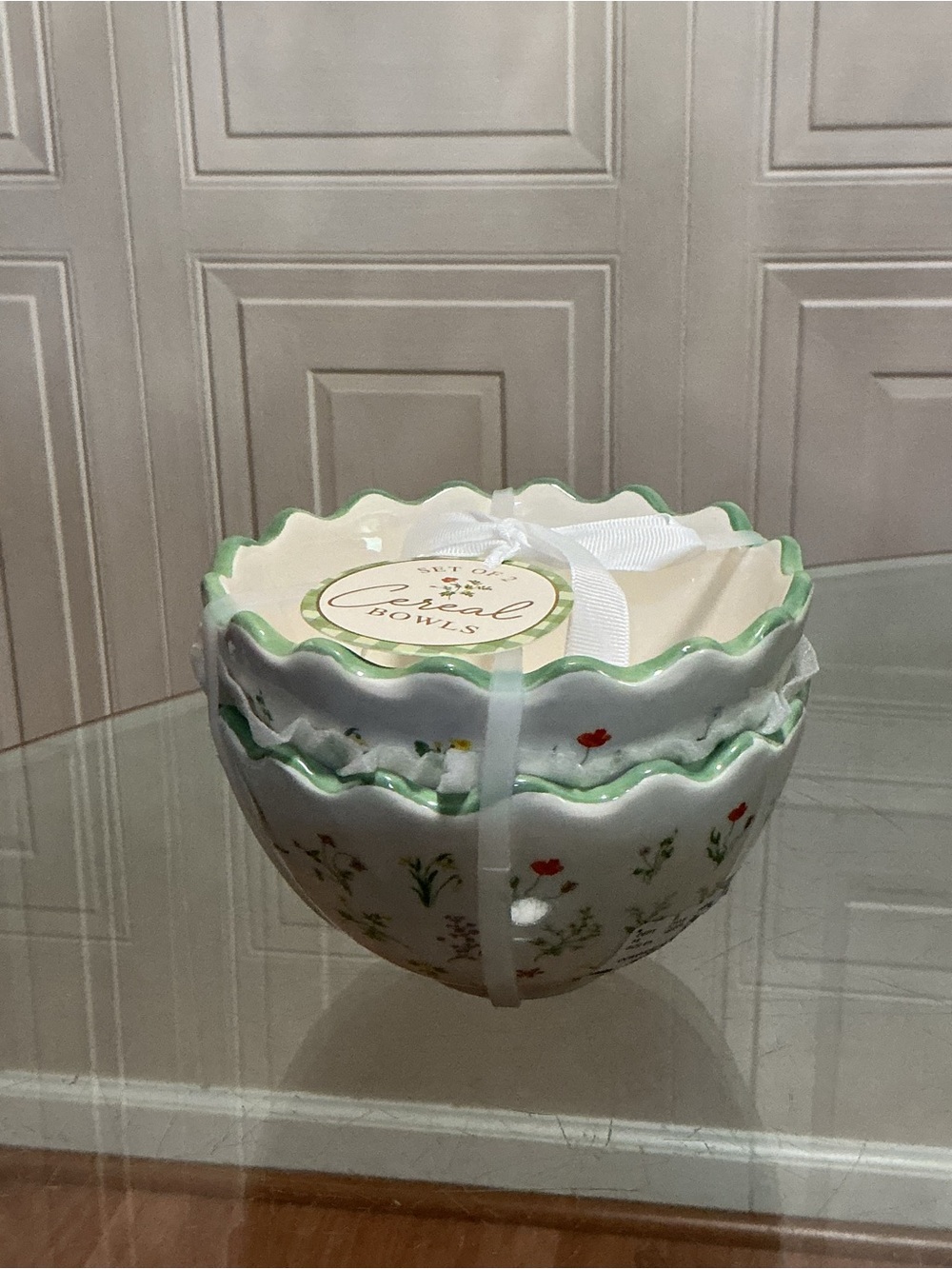 Sunday morning Set of 2 Cereal Bowls Green Rim Floral Scalloped
